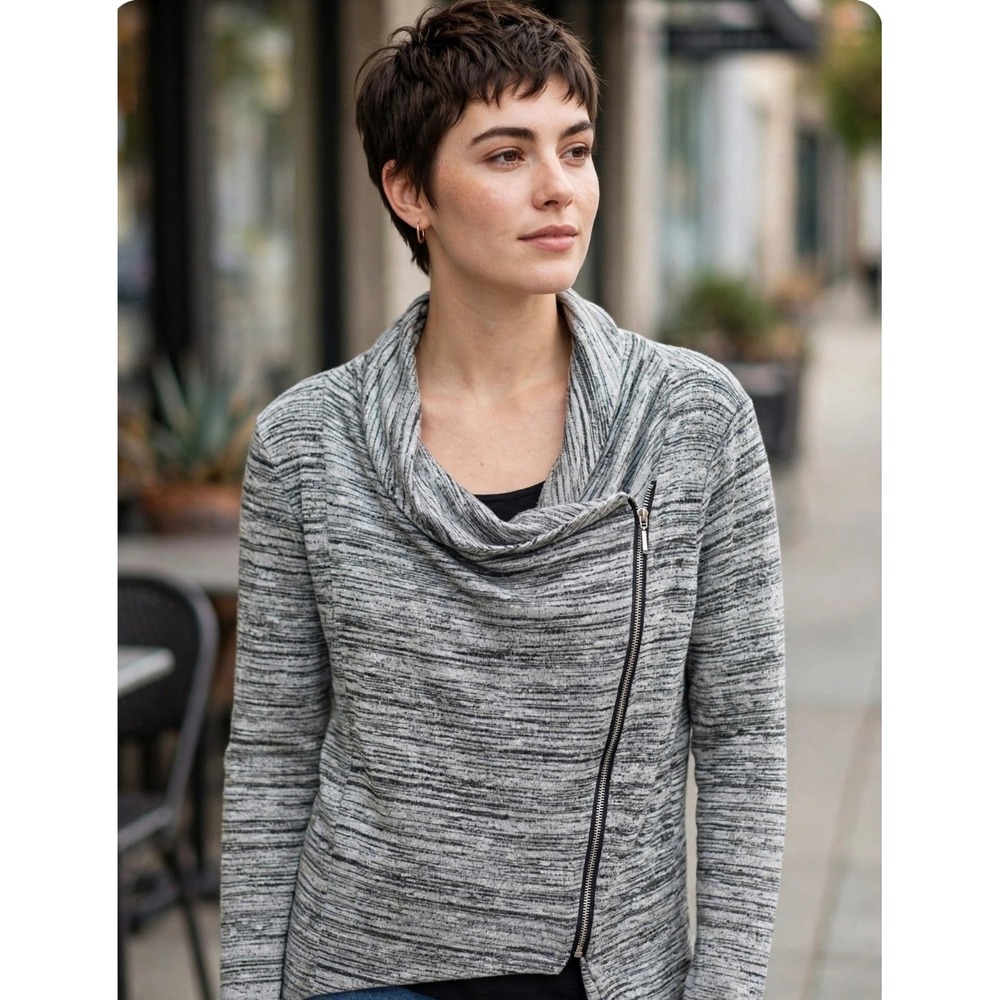 LOFT Grey Space Dye Asymmetrical Zip Moto Cardigan Sweater Medium